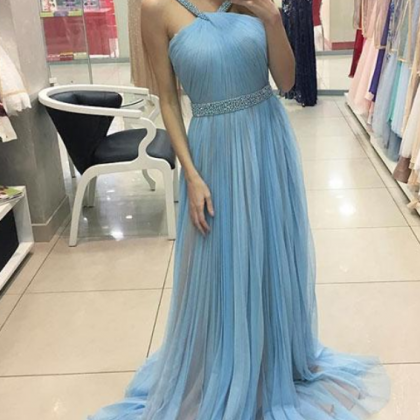 Elegant Blue Tulle Long Prom Bridesmaid Dress - Simple, Stylish, and Flowy Gown