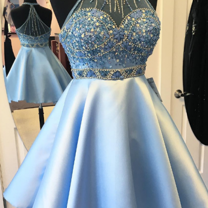 Short Prom Dress , Blue Halter Sleeveless Prom..
