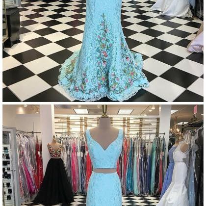 Two Piece V-neck Sweep Train Blue Lace Prom Dress..