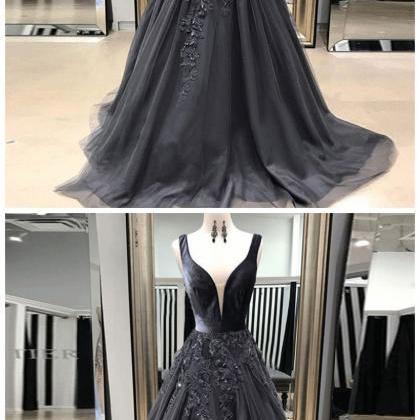 A-line V-neck Sweep Train Grey Tulle Prom Dress..