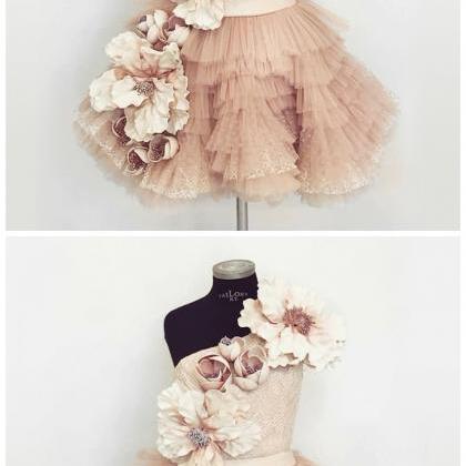One Shoulder A-line Champagne Tiered Short Prom..