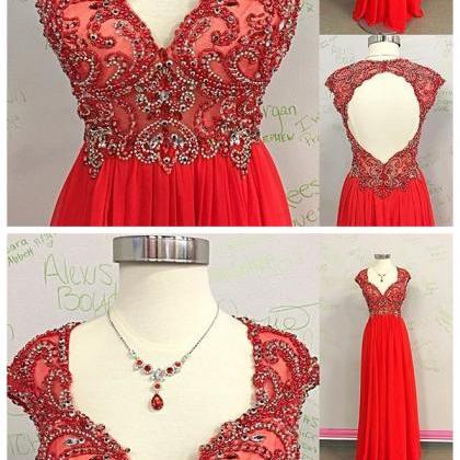 Beaded Long Red Prom Dress With Open Back