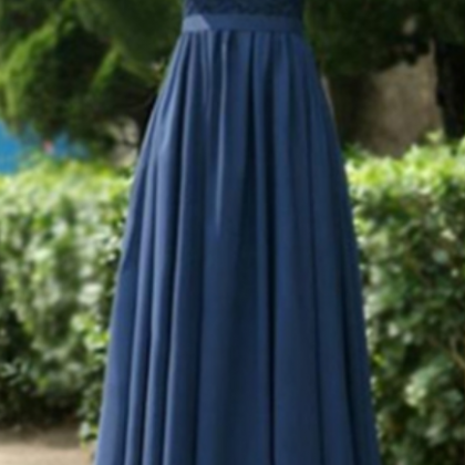 Blue Long A-line Backless Lace V-neck Chiffon Prom..