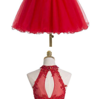 Two-piece Scoop Short Red Beaded Homecoming..