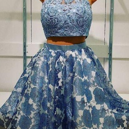 Halter Blue Two Pieces Lace Short Homecoming Prom..