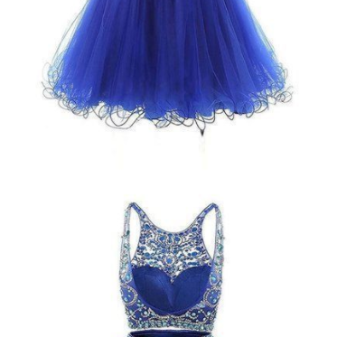 Fashion Two Pieces Royal Blue Crystal Beaded Short..