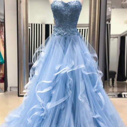 Blue Sweetheart Applique Lace Prom Dress,strapless..