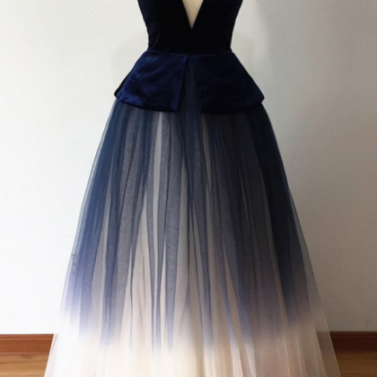 Ombre Blue Tulle Long Prom Dress, Style Strapless..
