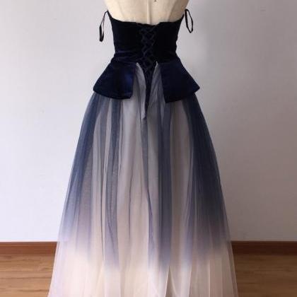 Ombre Blue Tulle Long Prom Dress, Style Strapless..