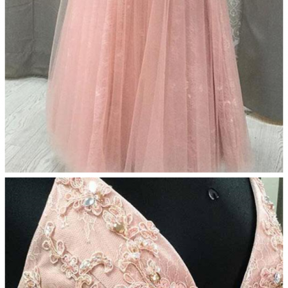 Blush V Neck Prom Dress With Rhinestone, Long Prom..