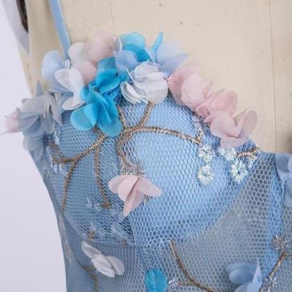 Blue Lace Spaghetti Strap 3d Flowers Applique Prom..