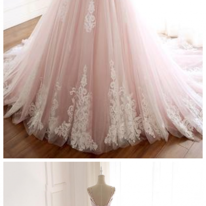 Pink Straps Tulle Prom Dress With Lace Appliques,..