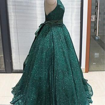 Shinny V Neck Green Sequined Ball Gown Long Prom..