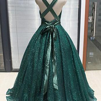 Shinny V Neck Green Sequined Ball Gown Long Prom..