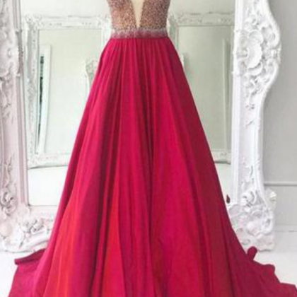 Sparkly Deep V Neck Fuchsia Long Prom Dress With..