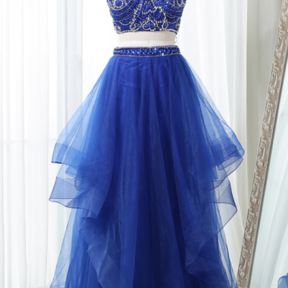 Two Piece Halter Backless Royal Blue Tulle Long..