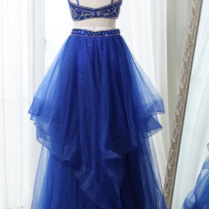 Two Piece Halter Backless Royal Blue Tulle Long..