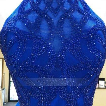 A-line Halter Floral Embroidery Royal Blue Short Homecoming Dress OM383
