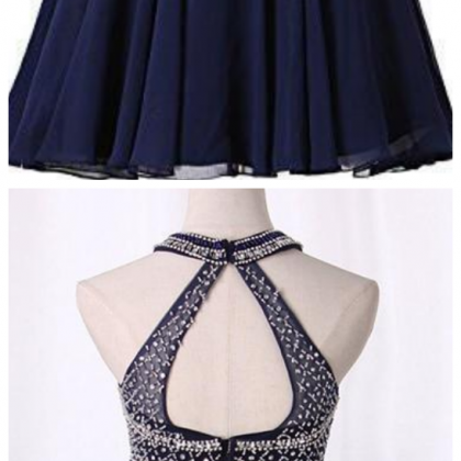 Navy Blue Two Pieces Sleeveless Beaded A Line..