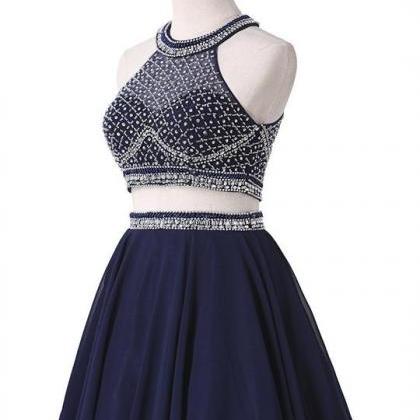 Navy Blue Two Pieces Sleeveless Beaded A Line..