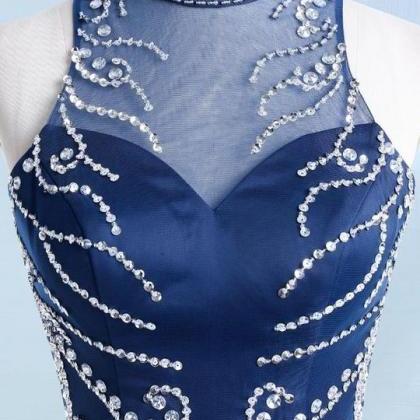 Navy Blue Sleeveless Beaded Homecoming Dresses,a..