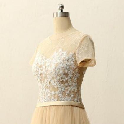 Champagne Short Sleeve A Line Prom Dresses Lace..