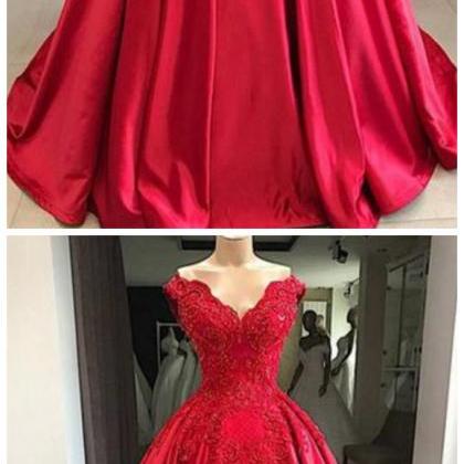 Red V Neck Off Shoulder Lace Beaded Prom Dresses..