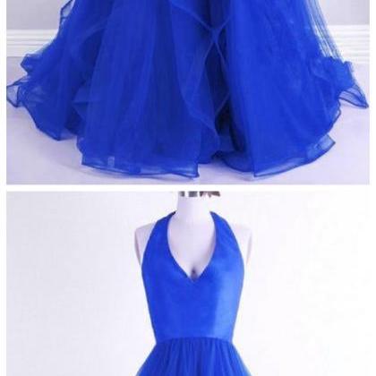 Royal Blue V Neck Sleeveless Prom Dresses Tiered..