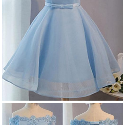 Blue Off Shoulder Short Sleeves Homecoming Dresses..