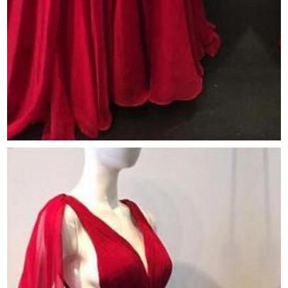 Red Prom Dresses A-line Sweep/brush Train V-neck..