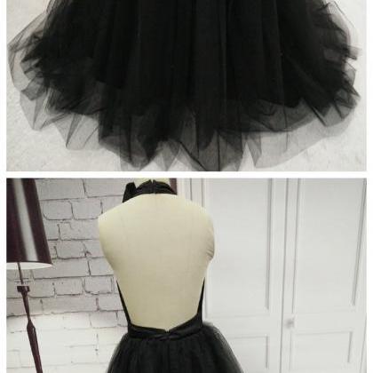 Black Prom Dresses Halter Backless Bowknot Tulle..