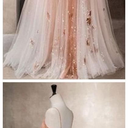 Unique Champagne Tulle Long Prom Dress, Tulle..