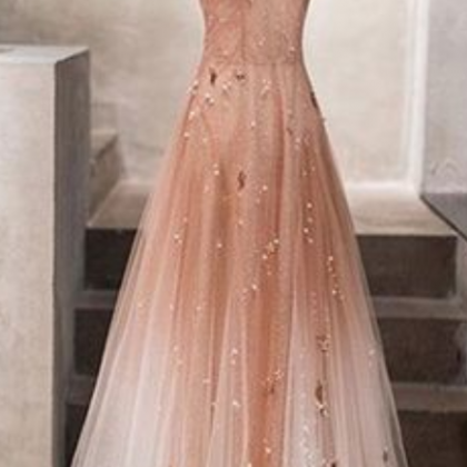 Unique Champagne Tulle Long Prom Dress, Tulle..