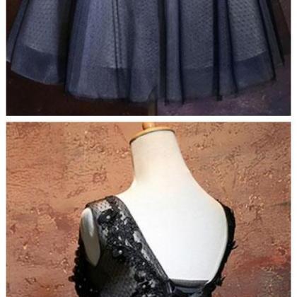 Black V Neck Lace Short Prom Dress, Black Evening..