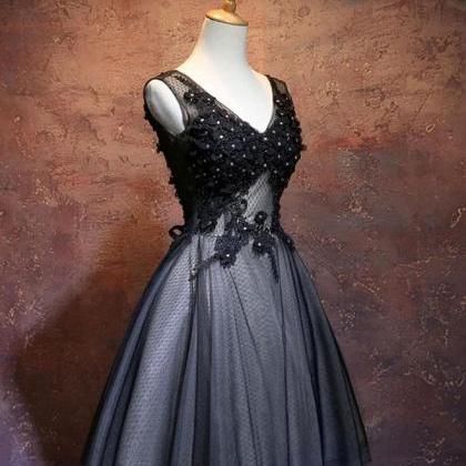Black V Neck Lace Short Prom Dress, Black Evening..