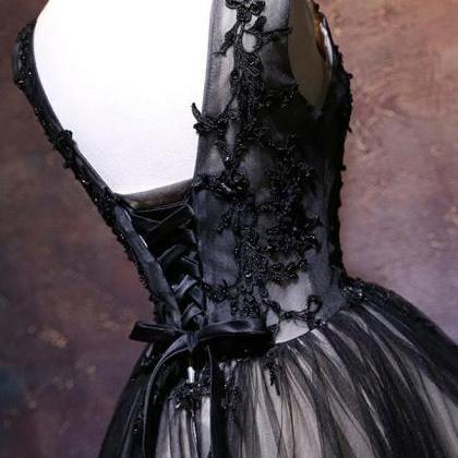 Black V Neck Lace Short Prom Dress, Black Party..