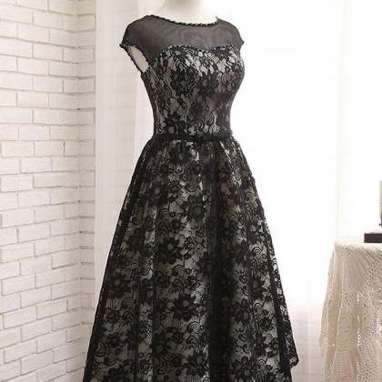 Black Lace Tea Length Prom Dress, Black Evening..