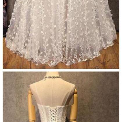 V Neck Lace A Line Long Sleeve High Low Prom Dress