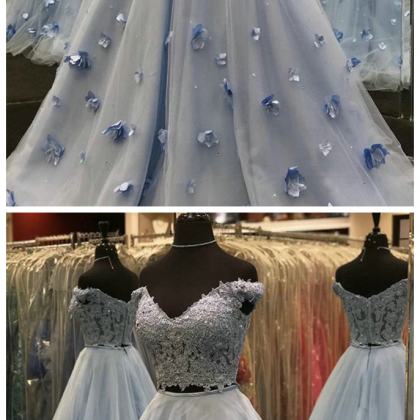 Tulle Two Piece Prom Dresses,light Sky Blue Prom..