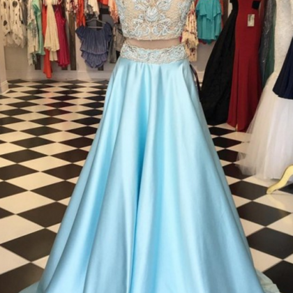 Light Blue Prom Dress, High Neck Prom Dress, A..