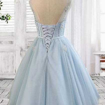 Light Blue Round Neckline Short Tulle Graduation Dress , Blue Party Dress, Blue Homecoming Dress