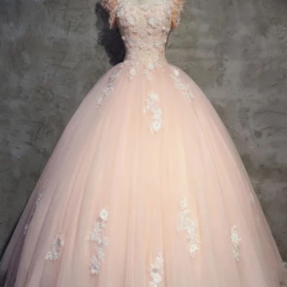 Pink Tulle Lace Long Prom Gown, Pink Evening Dress
