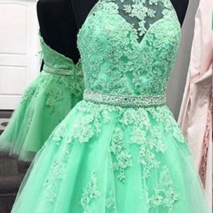 Green Lace Short Prom Dress, Green Homecoming..