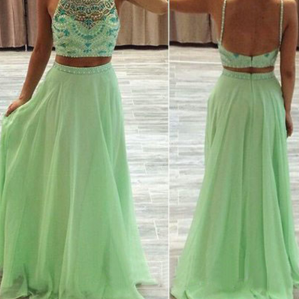 2 Piece Prom Gown,two Piece Prom Dresses,sage..