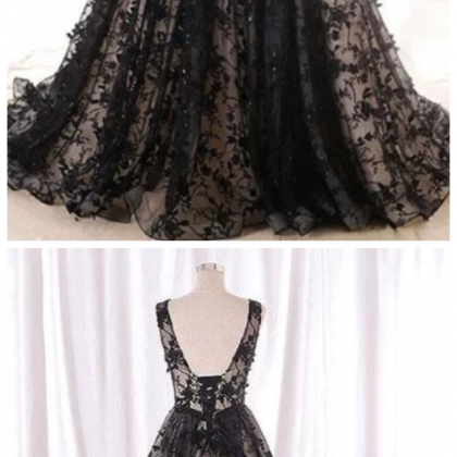Black Round Neck Tulle Long Beads Lace A-line Lace..