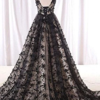 Black Round Neck Tulle Long Beads Lace A-line Lace..