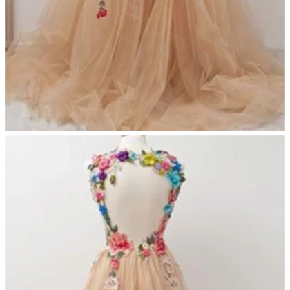 A Line White Round Neck Tulle Appliques Prom Dress LBQ4079