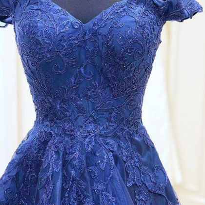 A Line Royal Blue Lace Appliques Sweetheart Beads..