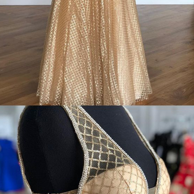 Champagne V Neck Sequins Spaghetti Straps Backless Prom Dresses LBQ0720