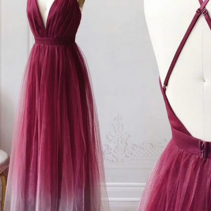 Simple Deep Red V Neck Open Back Long Prom Dress,..